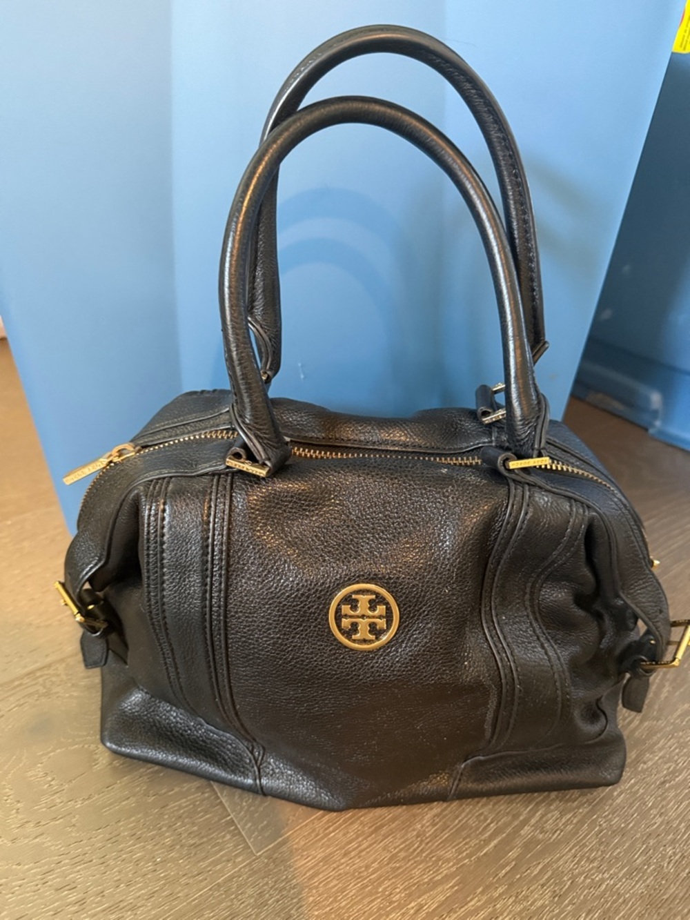 Tory Burch Black Pebbled Leather Satchel with Gold Hardware